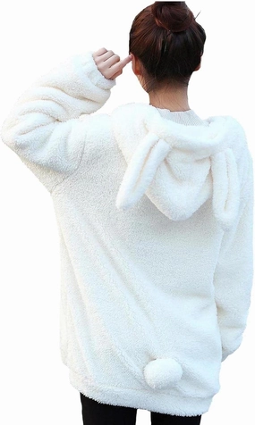 Women Fashion Bear Tail Hoodies,Fluffy 2-ply Sherpa Winter Rabbit Ear&Tail Hooded