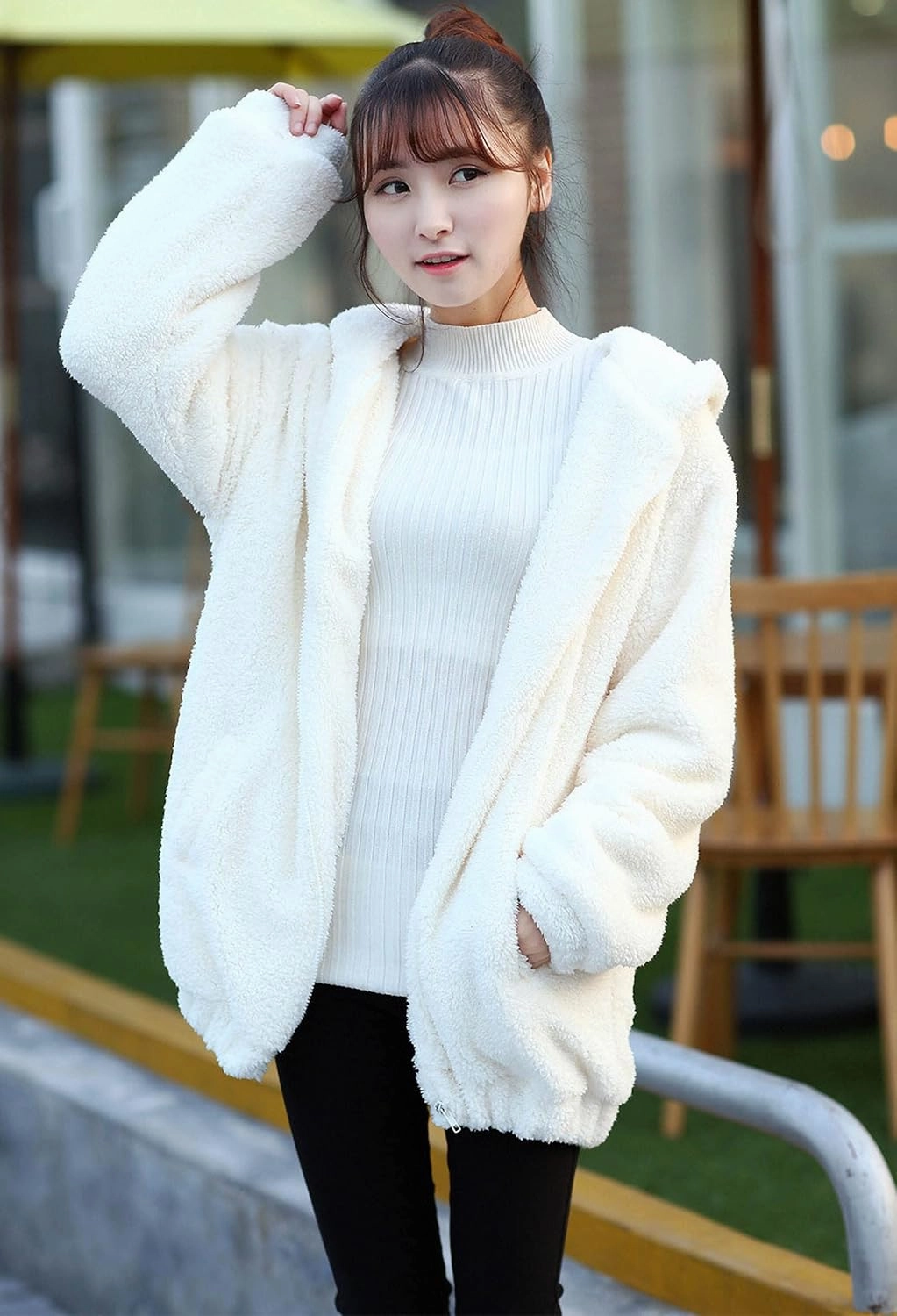 Women Fashion Bear Tail Hoodies,Fluffy 2-ply Sherpa Winter Rabbit Ear&Tail Hooded