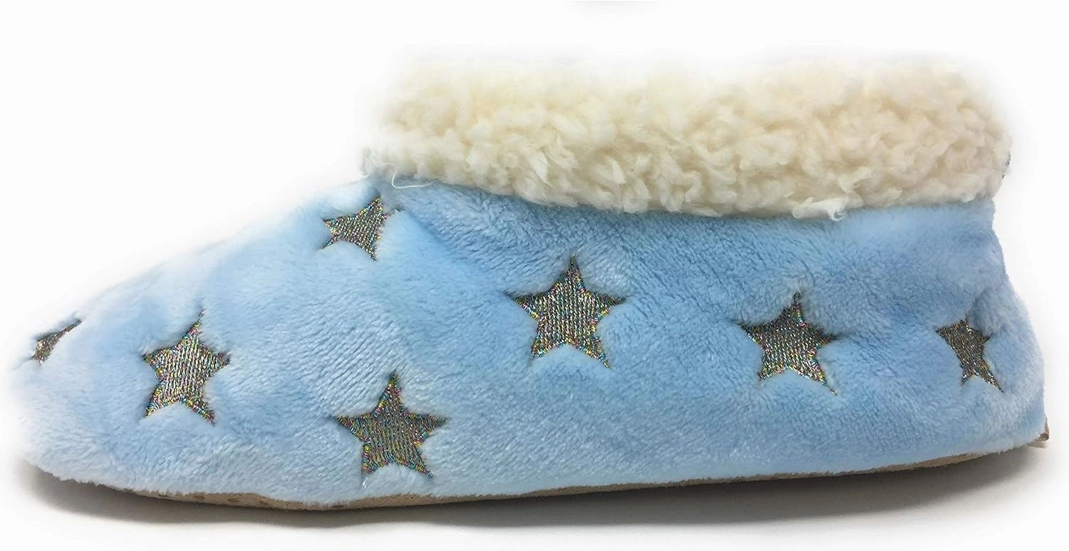 Women’s The Starz Plush Slippers, Cute Fuzzy Sherpa Slippers, Glitter and Stars House Indoor Shoes