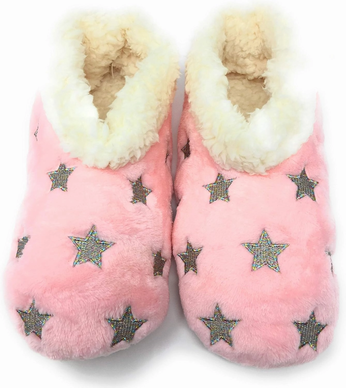 Women’s The Starz Plush Slippers, Cute Fuzzy Sherpa Slippers, Glitter and Stars House Indoor Shoes