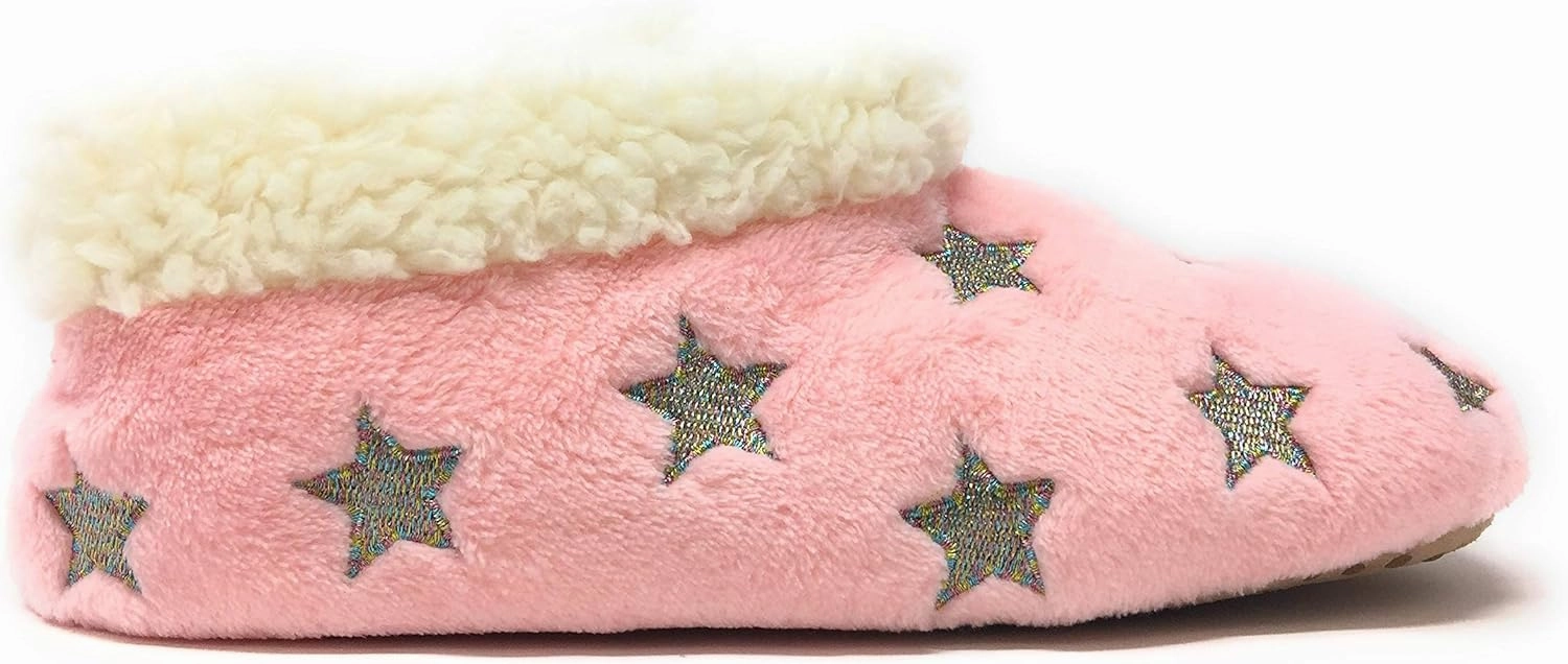 Women’s The Starz Plush Slippers, Cute Fuzzy Sherpa Slippers, Glitter and Stars House Indoor Shoes