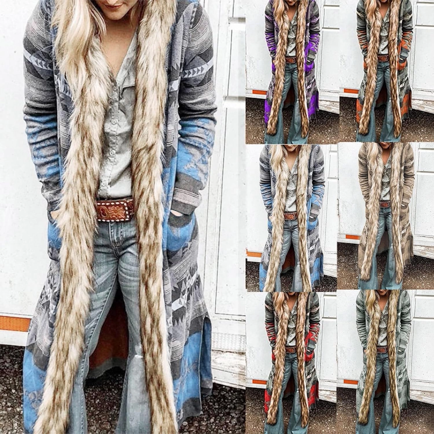Women's Winter Long Jacket Open Front Coat Cardigan Vintage Western Coats Faux Fur Trim Parka Outerwear with Pockets