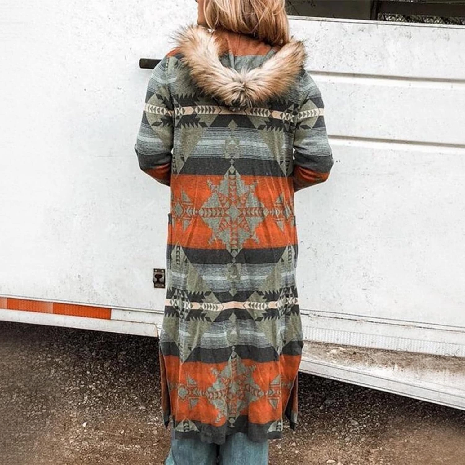 Women's Winter Long Jacket Open Front Coat Cardigan Vintage Western Coats Faux Fur Trim Parka Outerwear with Pockets