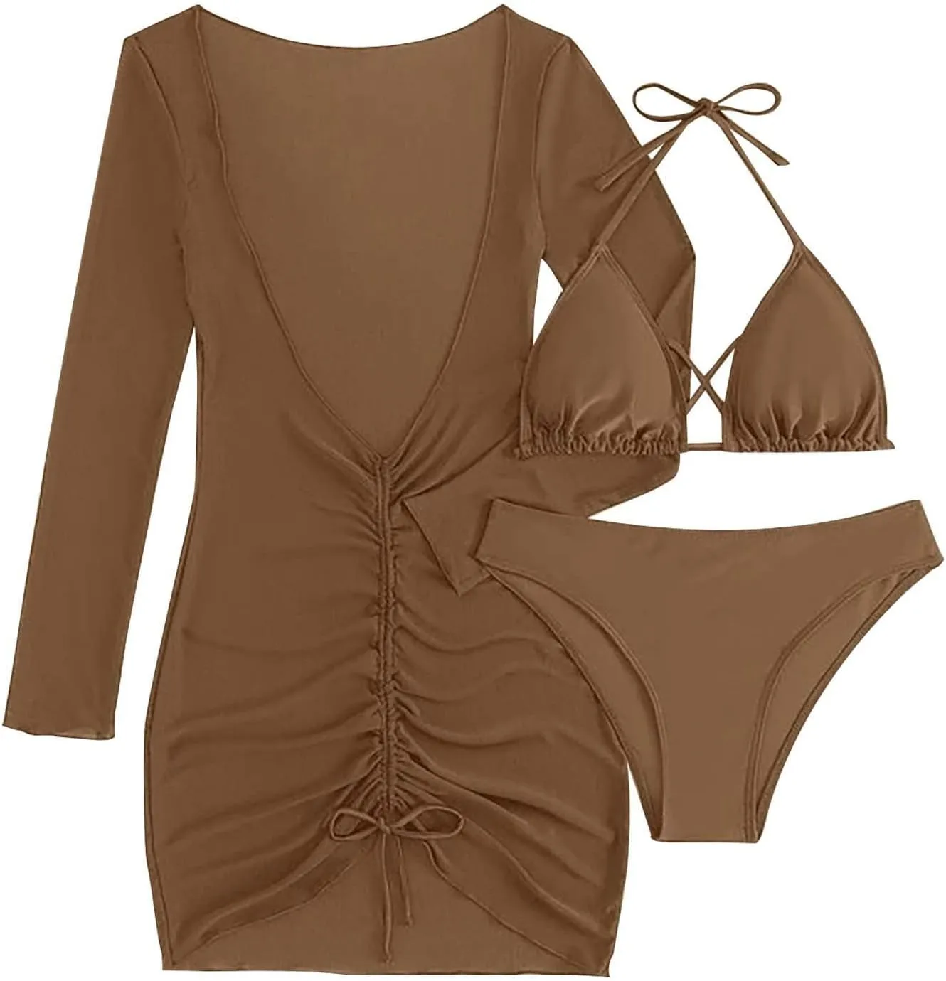 Women's 3 Piece Bathing Suits Halter Ring Bikini Set with Cover Up Skirts Swimsuits