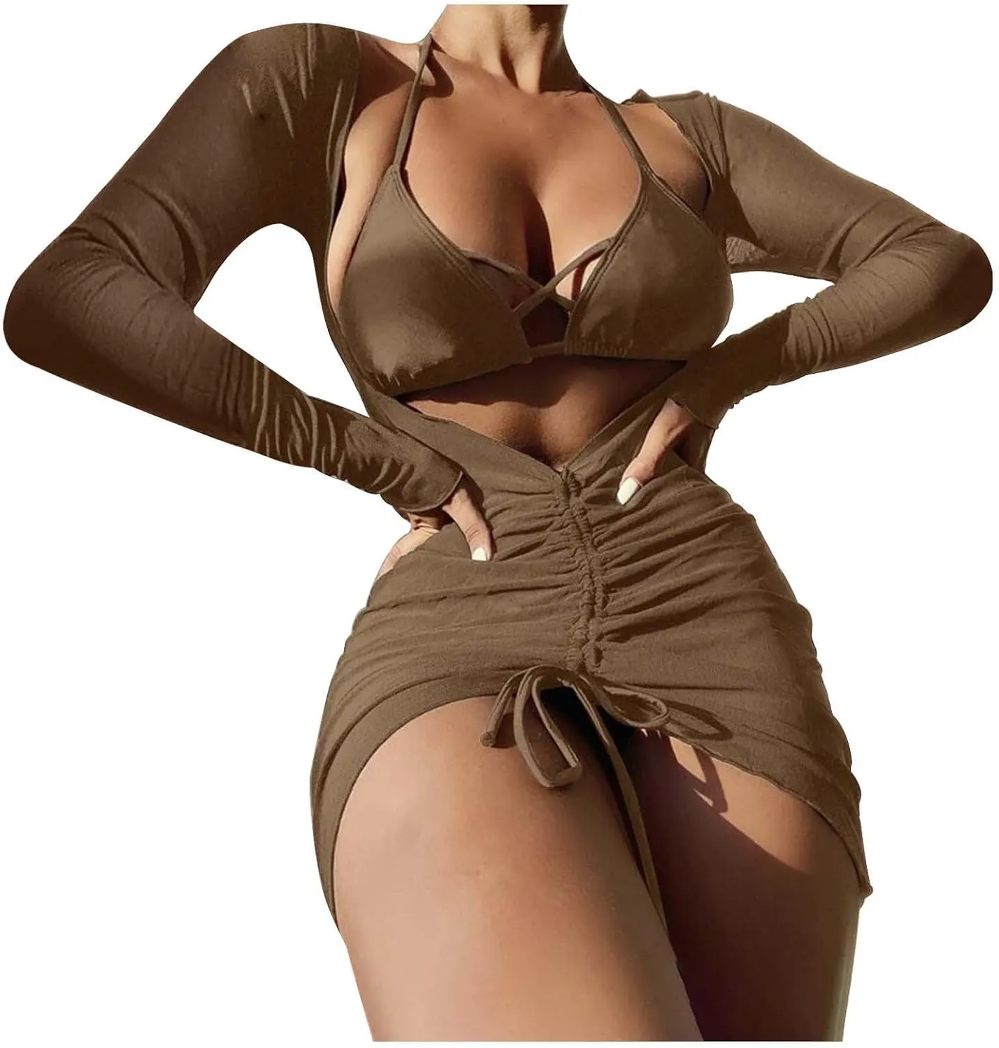 Women's 3 Piece Bathing Suits Halter Ring Bikini Set with Cover Up Skirts Swimsuits