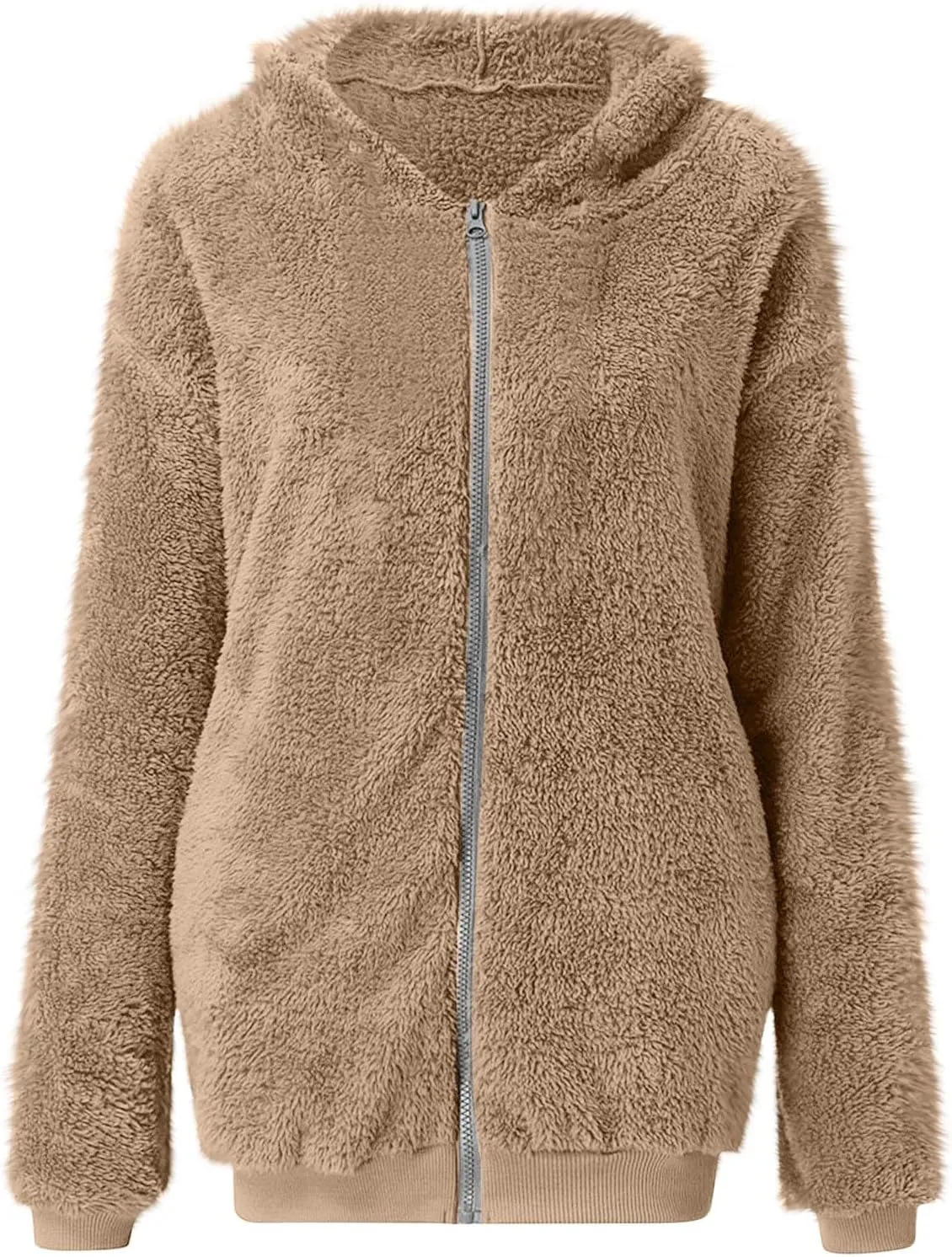 Womens Fuzzy Sherpa Fleece Jacket Zip Up Hooded Oversized Winter Warm Coats Casual Outwear Fall Transitional Fashion