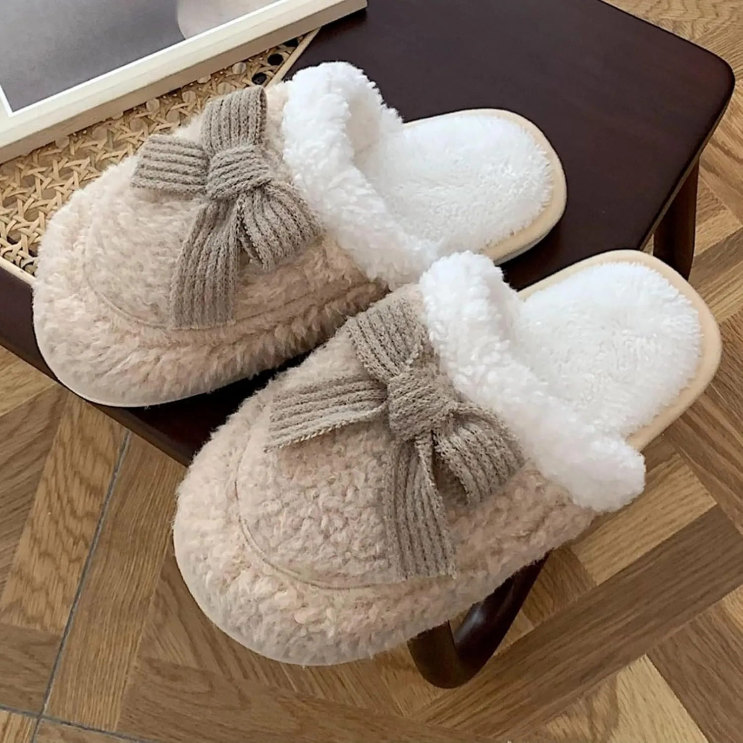 Women's Plush Cute Bow Slippers Indoor House Slippers with Bows Tie Comfy Furry Fuzzy Bedroom Slippers Non-Slip