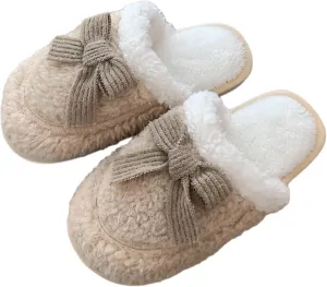 Women's Plush Cute Bow Slippers Indoor House Slippers with Bows Tie Comfy Furry Fuzzy Bedroom Slippers Non-Slip
