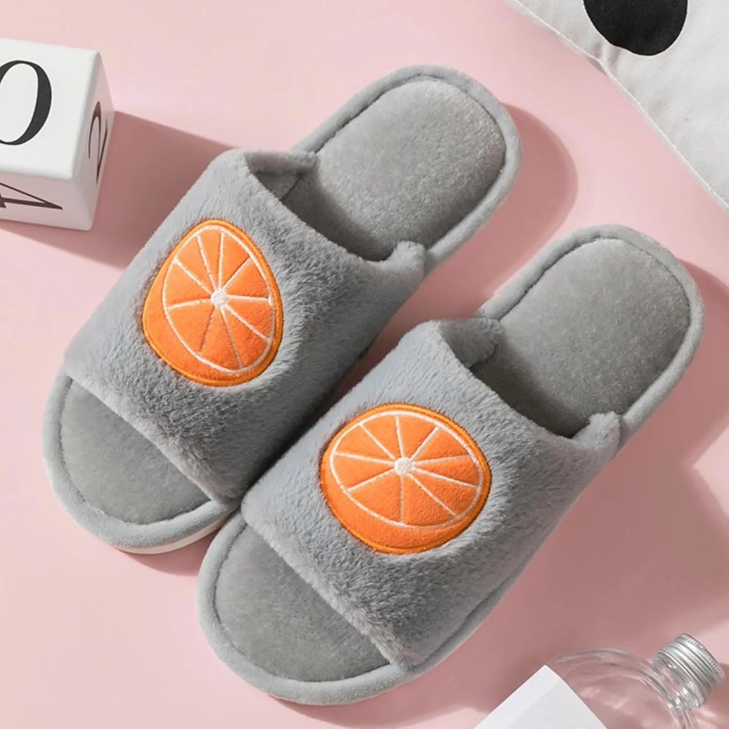 Women's Strawberry Slippers Non-Slip Indoor House Shoes Cute Fruit Plush Cozy Open Toe Cotton Bedroom Home Slippers with Memory Foam Lightweight Travel Portable