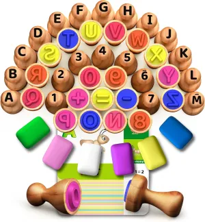 Wooden ABC & 123 Stampers Set with Playdough | Phonics Activities & Counting Games for Ages 3-5 | Preschool Classroom Learning Toys Gift with Flashcards