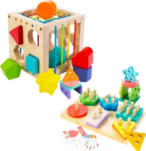 Wooden Shape Sorter Cube Bundle with Wooden Sorting and Stacking Toy, 8 Rattling Blocks, 24-Piece Large Blocks & 12 Word Cards