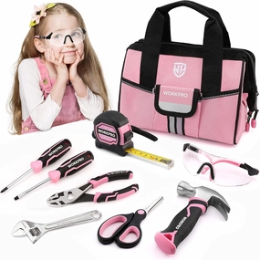 WORKPRO 9-Piece Kids Real Hand Tool Set, Pink Junior Tool Kit with Storage Bag for Boys, Girls, Children DIY Building and Woodworking, Age 8 