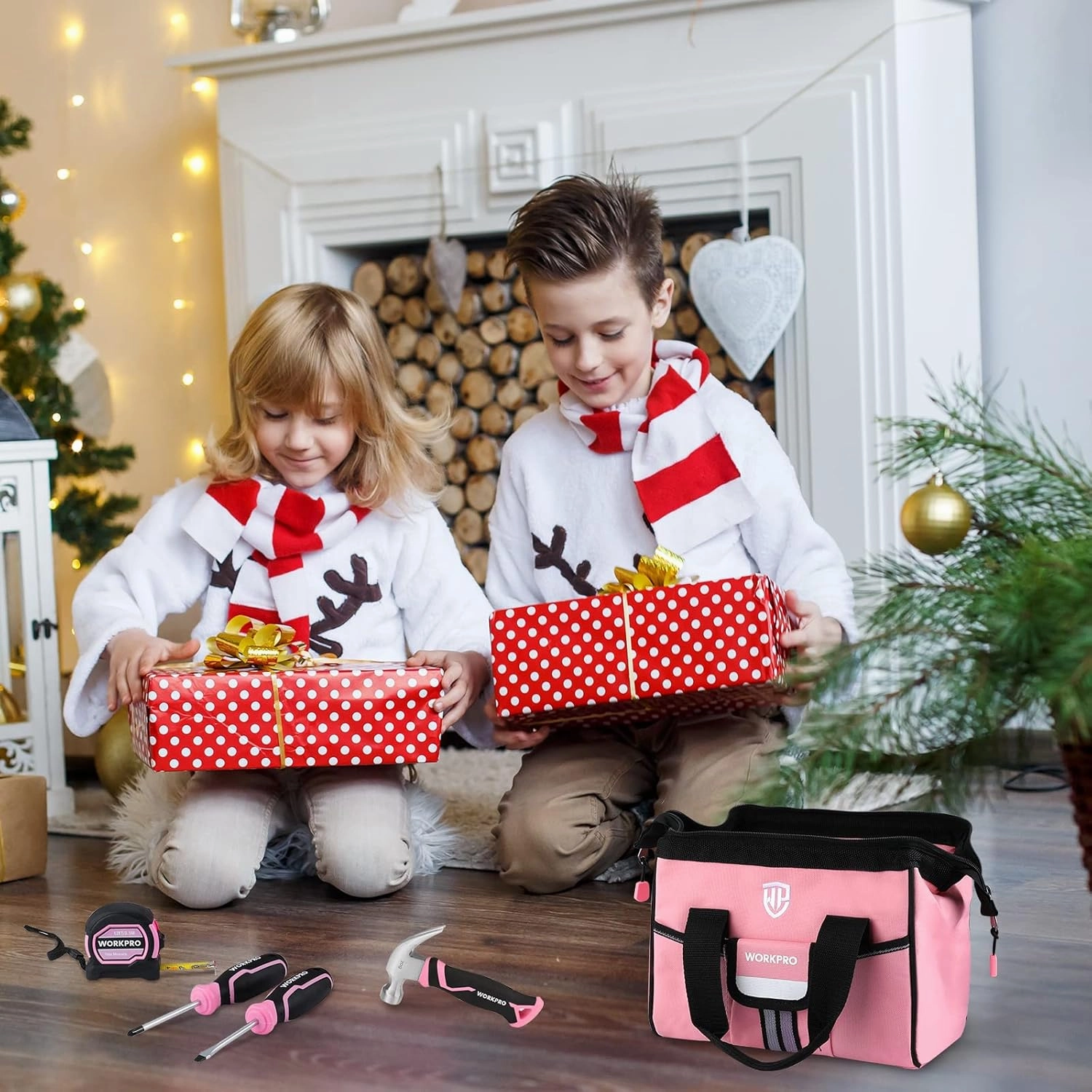 WORKPRO 9-Piece Kids Real Hand Tool Set, Pink Junior Tool Kit with Storage Bag for Boys, Girls, Children DIY Building and Woodworking, Age 8 