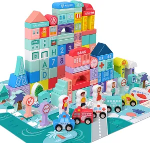 XIAPIA Building Blocks Wooden, City Construction Stacking Blocks with Map, Learning Educational Preschool Toys Age 3 , Wooden Building Blocks Set for Boy and Girl Gifts