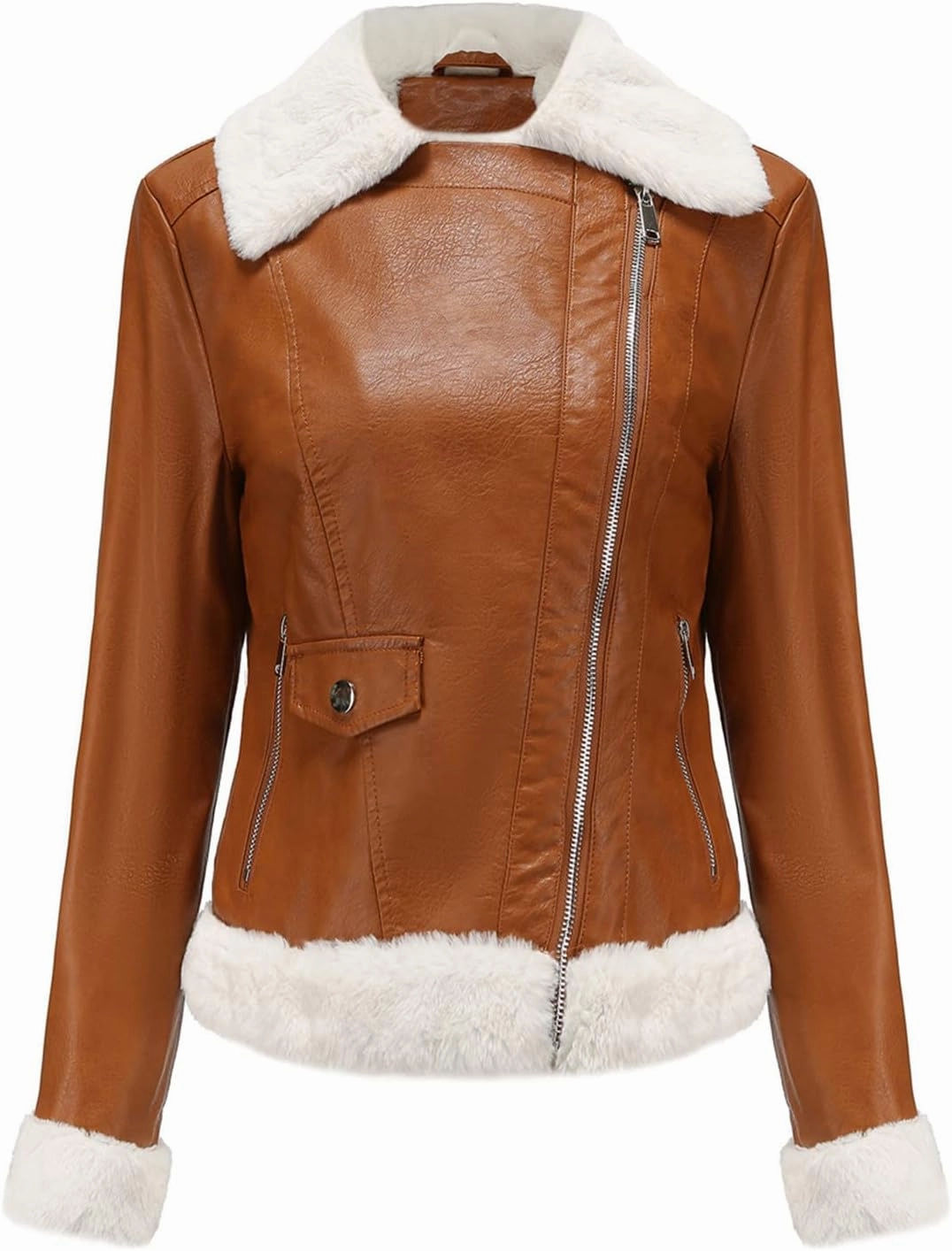 XUNRYAN Women's Faux-Leather Shearling Moto Bomber Jacket Sherpa Coat Winter Aviator Faux-Leather Coat Outwear Hippie Clothes