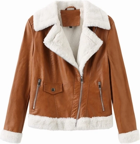 XUNRYAN Women's Faux-Leather Shearling Moto Bomber Jacket Sherpa Coat Winter Aviator Faux-Leather Coat Outwear Hippie Clothes