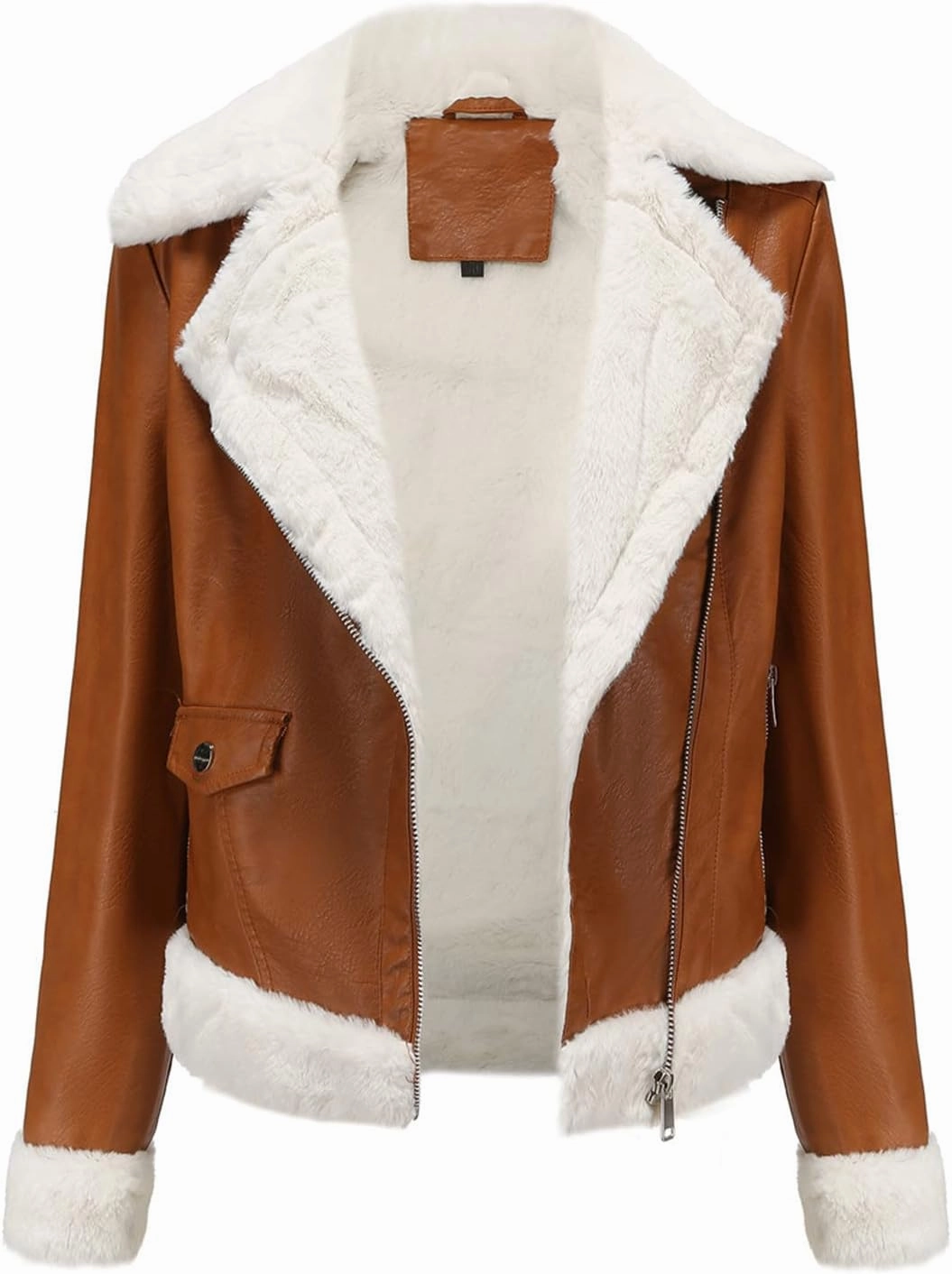 XUNRYAN Women's Faux-Leather Shearling Moto Bomber Jacket Sherpa Coat Winter Aviator Faux-Leather Coat Outwear Hippie Clothes