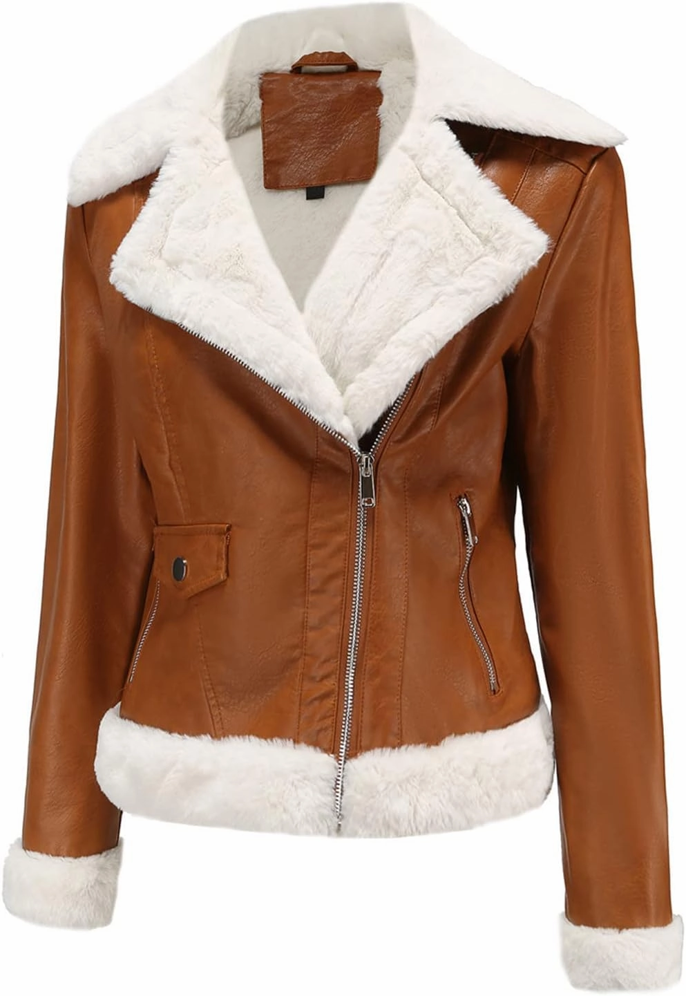 XUNRYAN Women's Faux-Leather Shearling Moto Bomber Jacket Sherpa Coat Winter Aviator Faux-Leather Coat Outwear Hippie Clothes