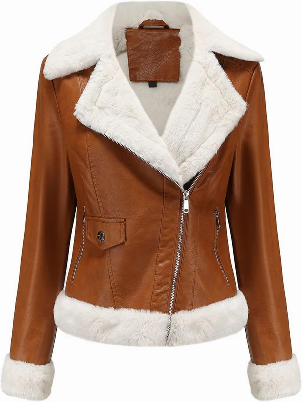 XUNRYAN Women's Faux-Leather Shearling Moto Bomber Jacket Sherpa Coat Winter Aviator Faux-Leather Coat Outwear Hippie Clothes
