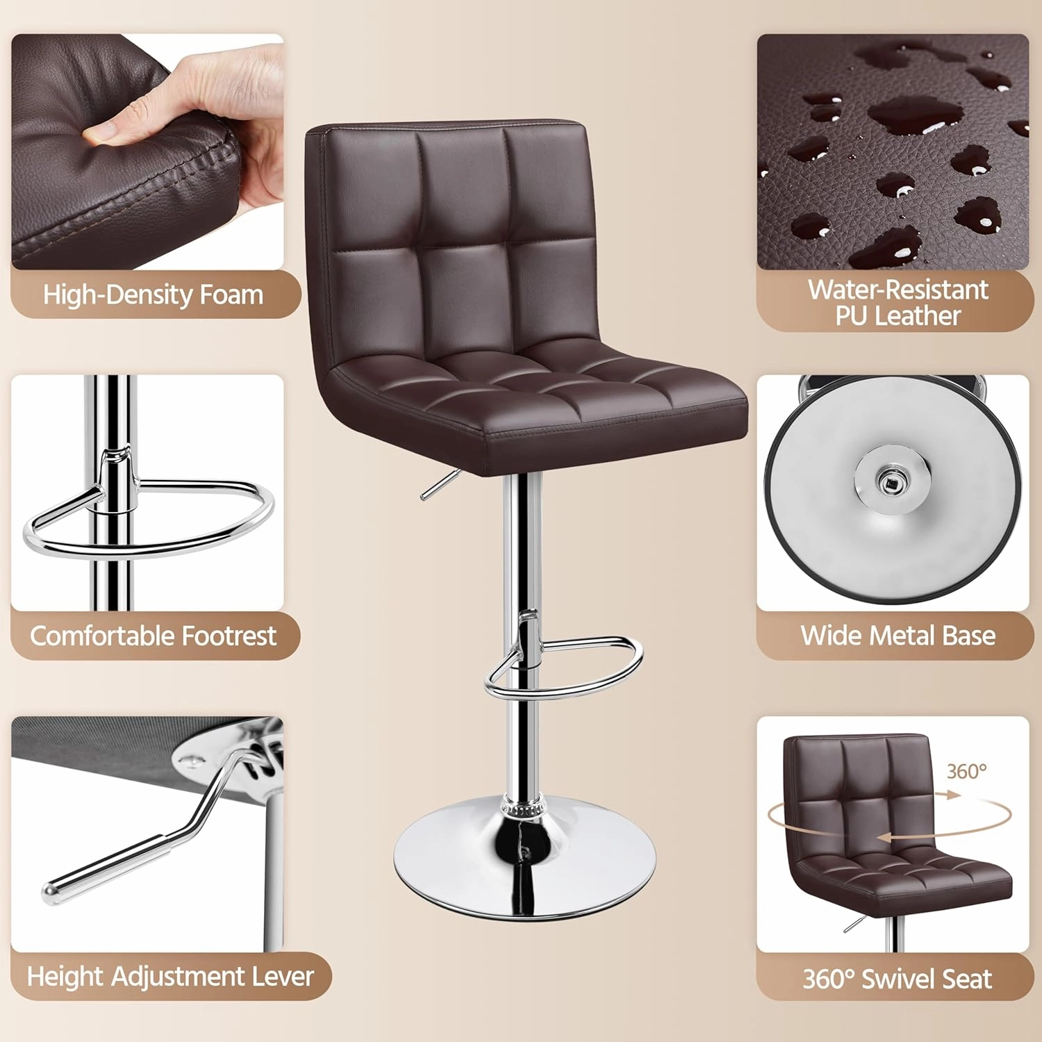 Yaheetech Bar Stools Set of 2, Adjustable PU Leather Swivel Barstools, Modern Counter Stools with Back and Footrest, Counter Height Barstools for Bar, Kitchen, Dining Room, Brown
