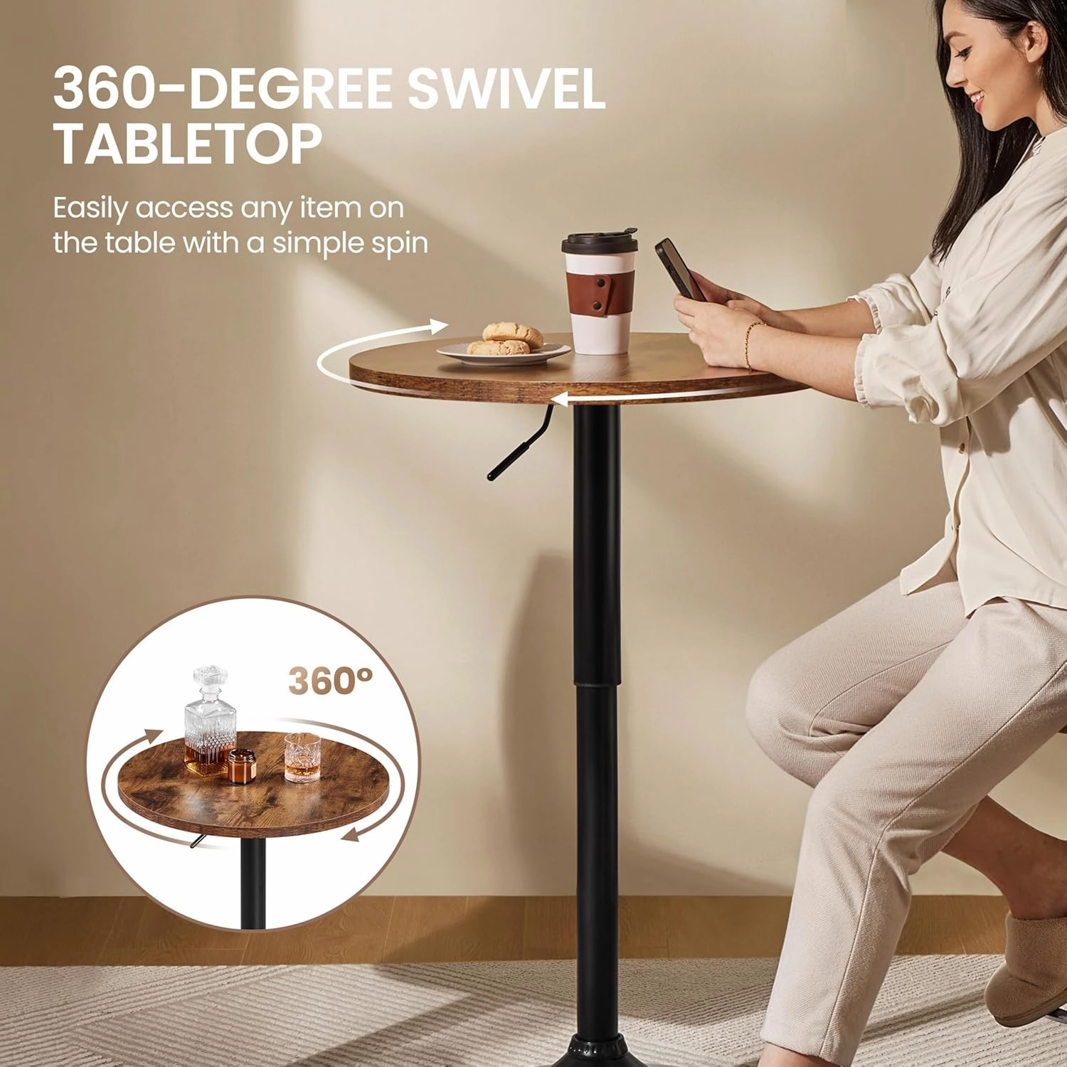 Yaheetech Round Pub Table Height Adjustable with 360 Swivel MDF Tabletop for Dining Bistro Cafe Home Bar, Rustic Brown