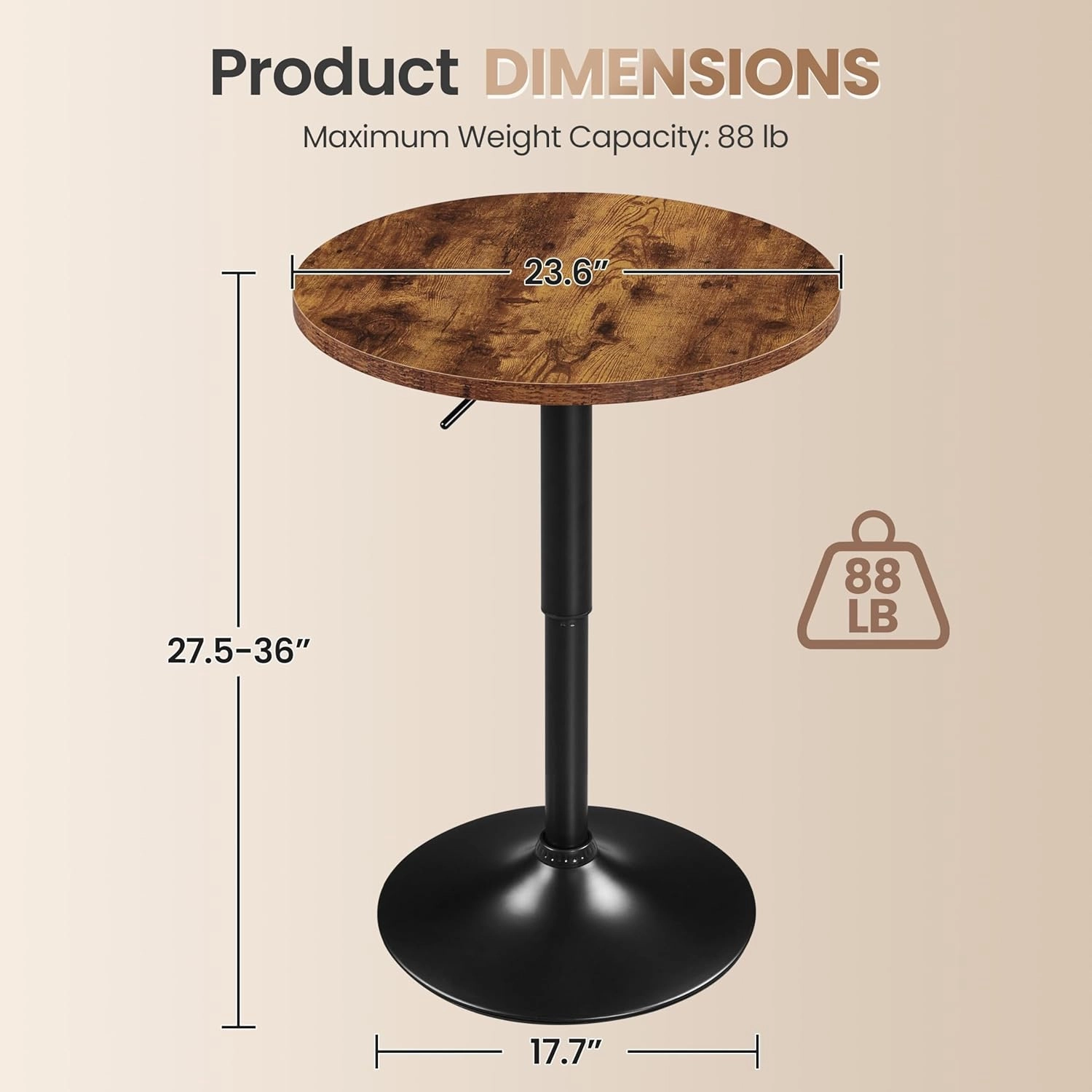 Yaheetech Round Pub Table Height Adjustable with 360 Swivel MDF Tabletop for Dining Bistro Cafe Home Bar, Rustic Brown