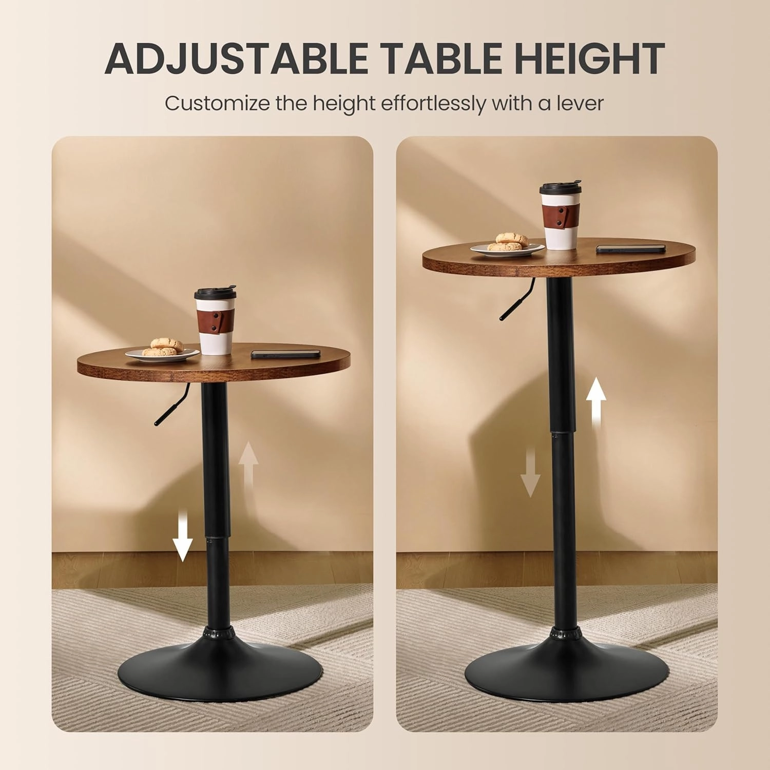 Yaheetech Round Pub Table Height Adjustable with 360 Swivel MDF Tabletop for Dining Bistro Cafe Home Bar, Rustic Brown