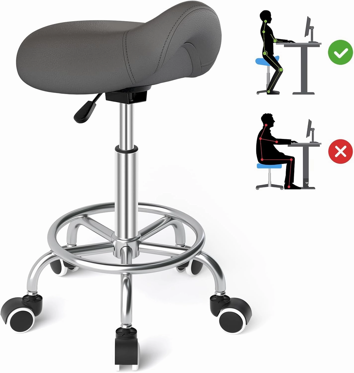YEEZEE Saddle Stool Ergonomic- Comfortable Rolling Saddle Stool with Wide Thick Saddle Seat Padding, Swivel Adjustable Saddle Chair with Wheels and Ring Pedal for Medical Massage Salon (Grey)