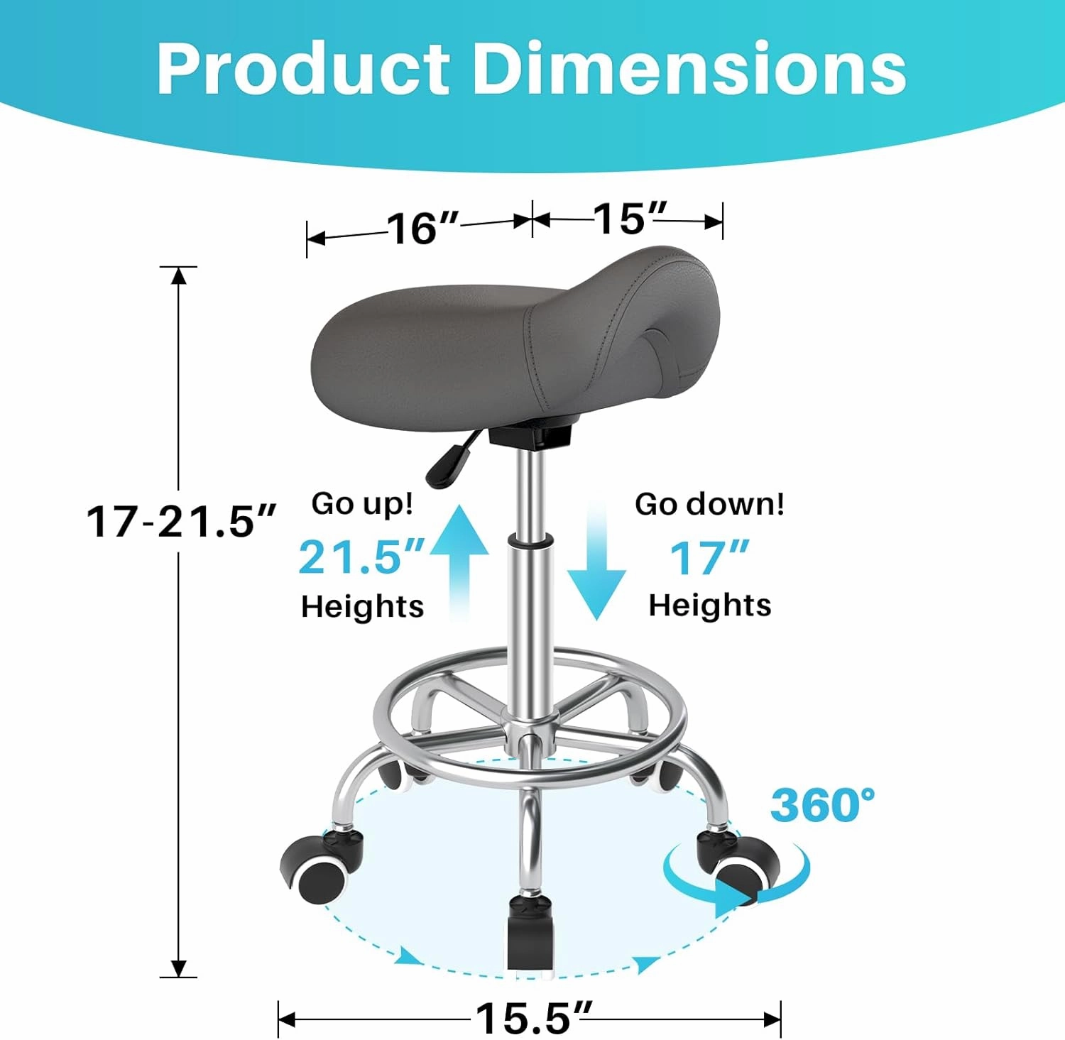 YEEZEE Saddle Stool Ergonomic- Comfortable Rolling Saddle Stool with Wide Thick Saddle Seat Padding, Swivel Adjustable Saddle Chair with Wheels and Ring Pedal for Medical Massage Salon (Grey)