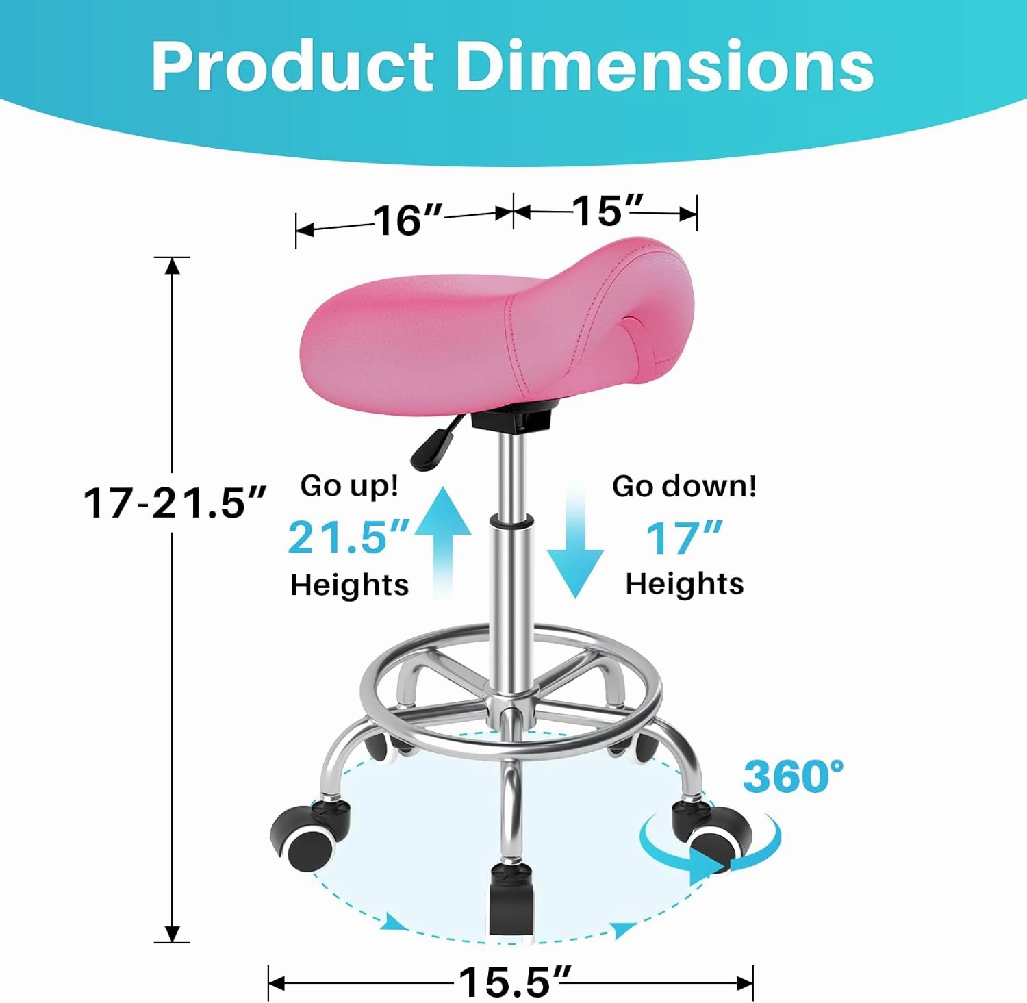 YEEZEE Saddle Stool Ergonomic- Comfortable Rolling Saddle Stool with Wide Thick Saddle Seat Padding, Swivel Adjustable Saddle Chair with Wheels and Ring Pedal for Medical Massage Salon (Pink)