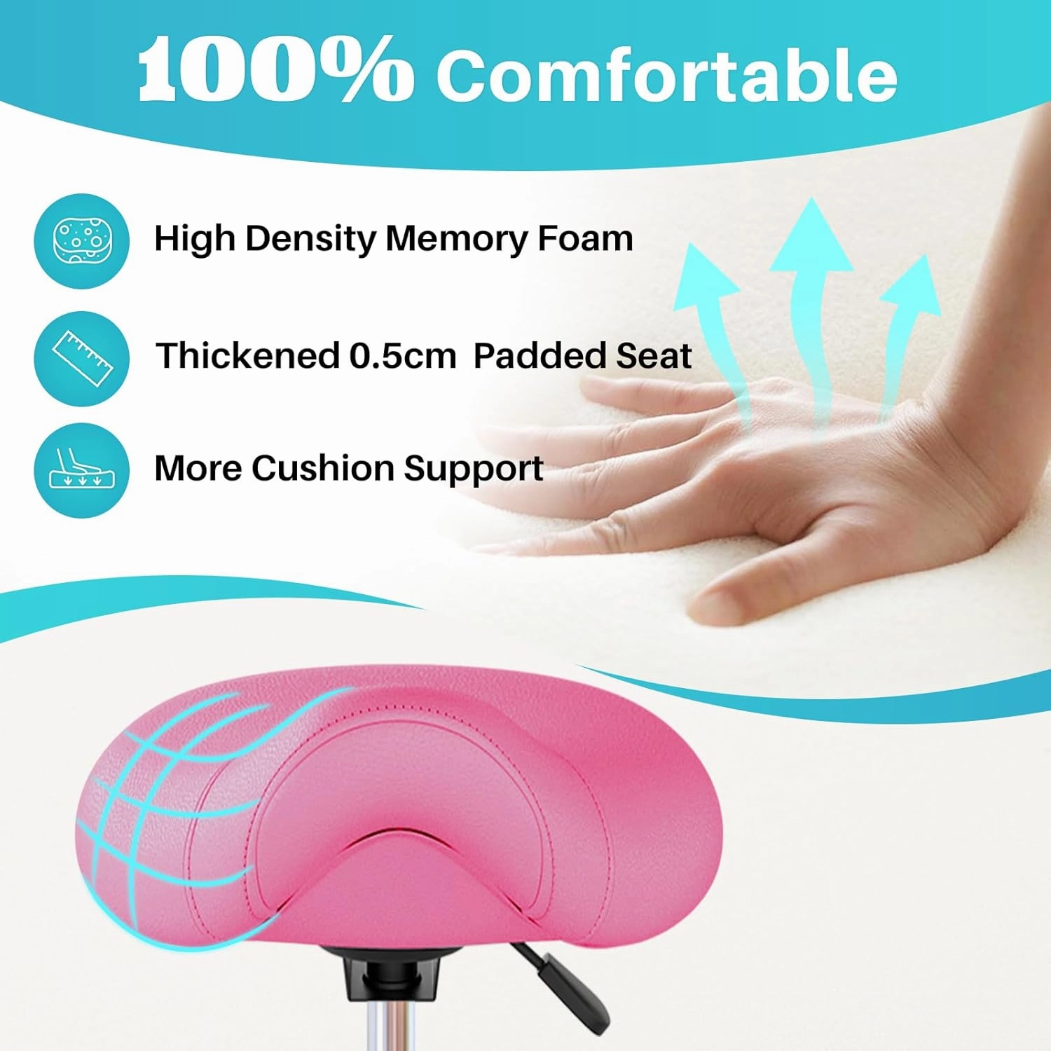 YEEZEE Saddle Stool Ergonomic- Comfortable Rolling Saddle Stool with Wide Thick Saddle Seat Padding, Swivel Adjustable Saddle Chair with Wheels and Ring Pedal for Medical Massage Salon (Pink)