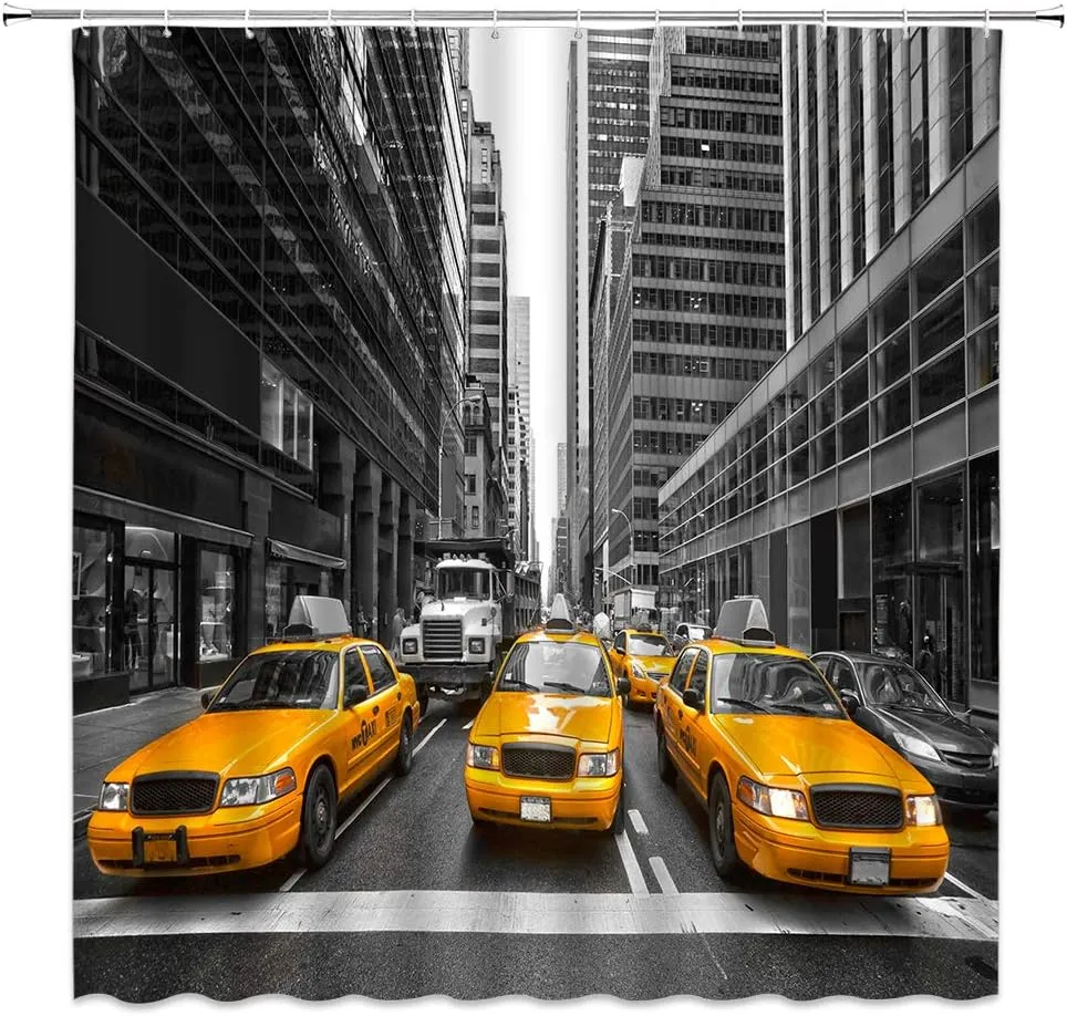 Yellow Taxi Shower Curtain Decor New York City Cab Highrise Building Creative City View Bathroom Decor 70×78 in with Hook