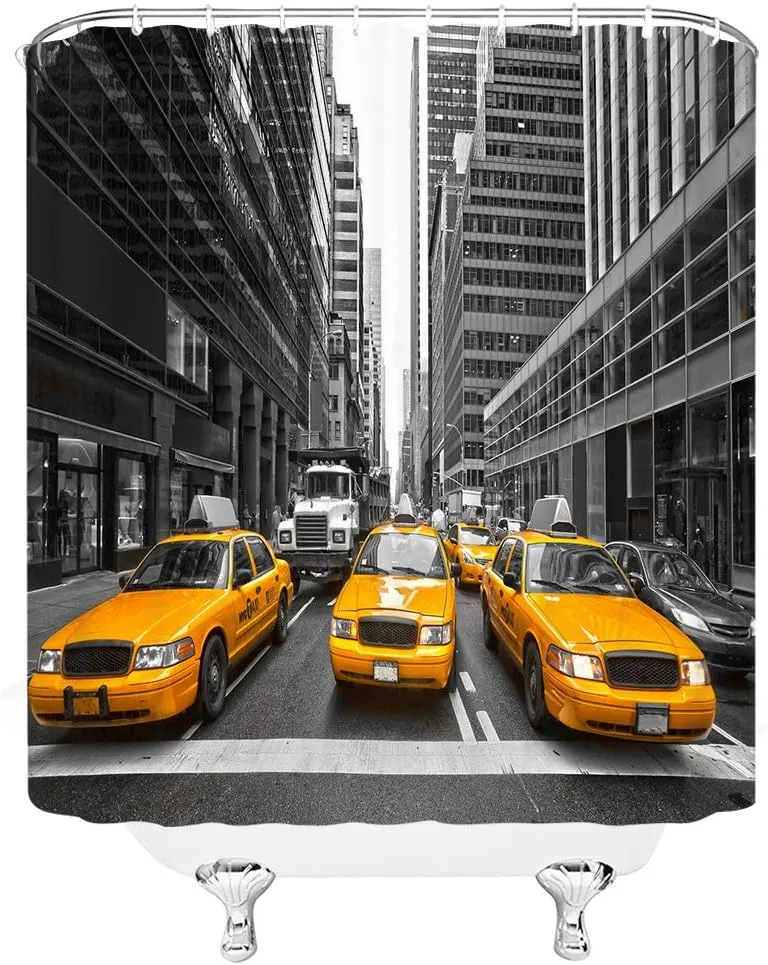 Yellow Taxi Shower Curtain Decor New York City Cab Highrise Building Creative City View Bathroom Decor 70×78 in with Hook
