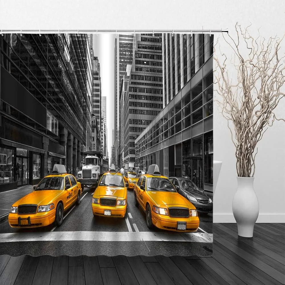 Yellow Taxi Shower Curtain Decor New York City Cab Highrise Building Creative City View Bathroom Decor 70×78 in with Hook