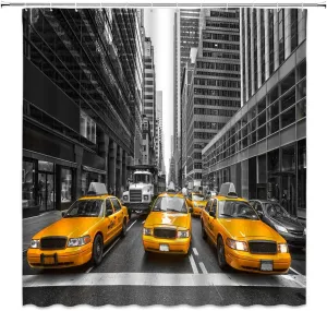 Yellow Taxi Shower Curtain Decor New York City Cab Highrise Building Creative City View Bathroom Decor 70×78 in with Hook