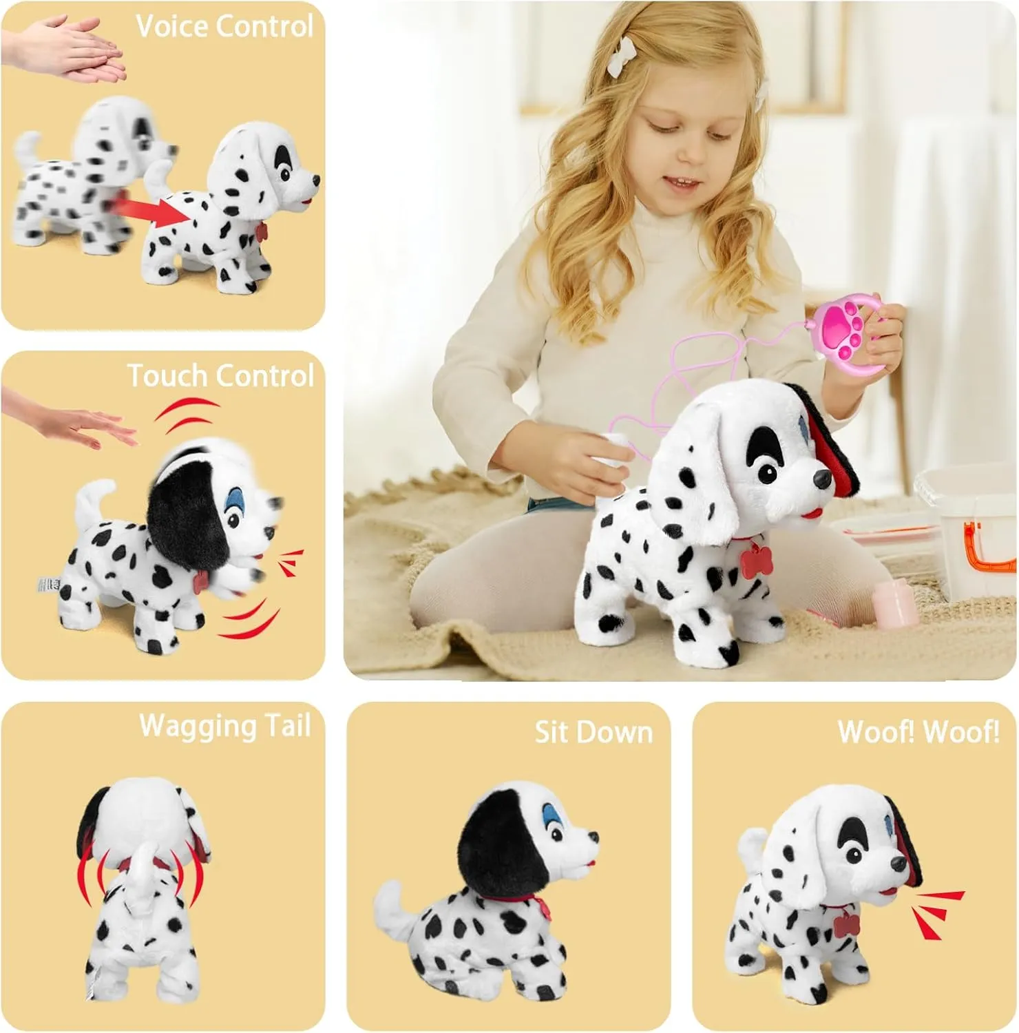YH YUHUNG Walking Dalmatian Puppy with Remote Control Leash - Realistic Barking, Wagging Tail, and Head Nodding Actions - Interactive Plush Toy Electronic Pet Dog for Kids