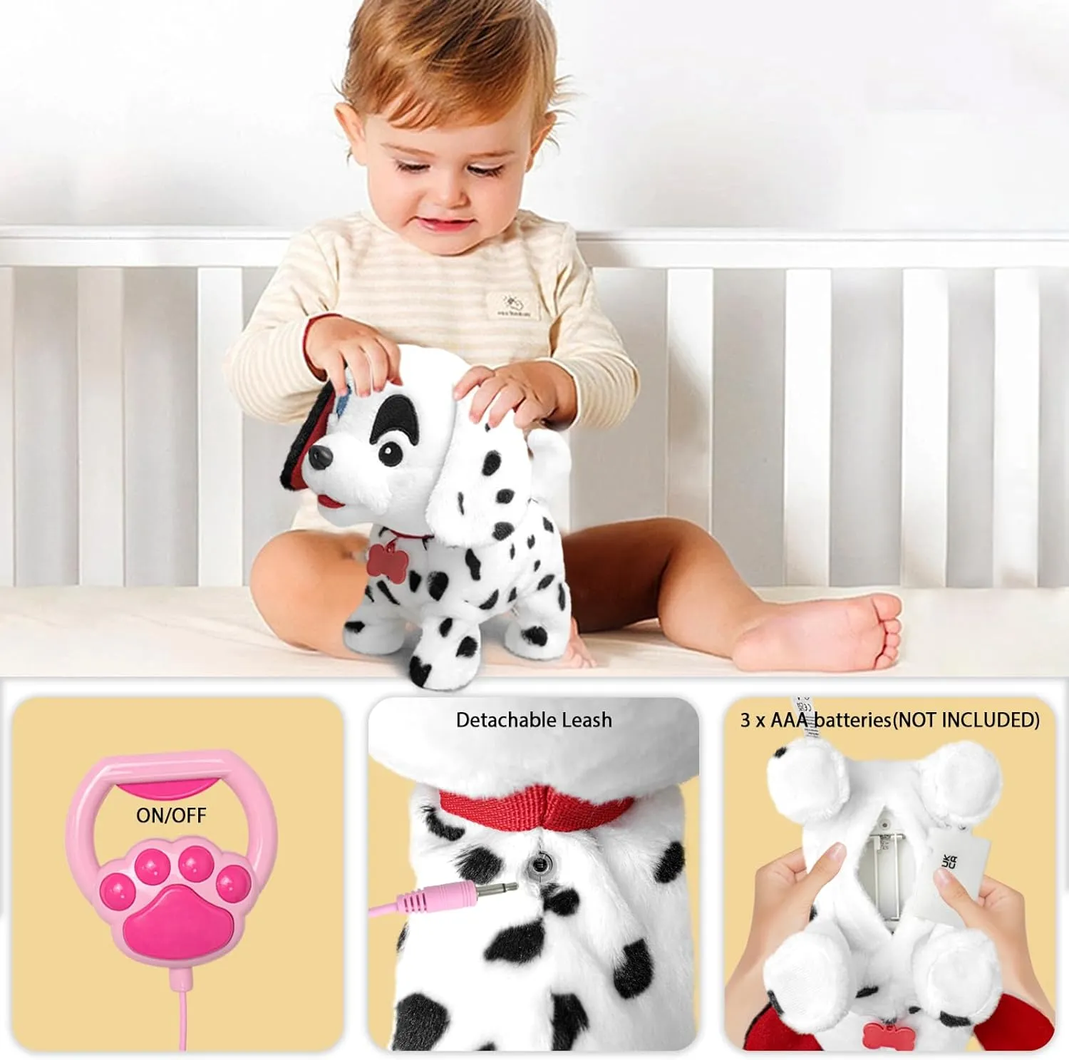 YH YUHUNG Walking Dalmatian Puppy with Remote Control Leash - Realistic Barking, Wagging Tail, and Head Nodding Actions - Interactive Plush Toy Electronic Pet Dog for Kids