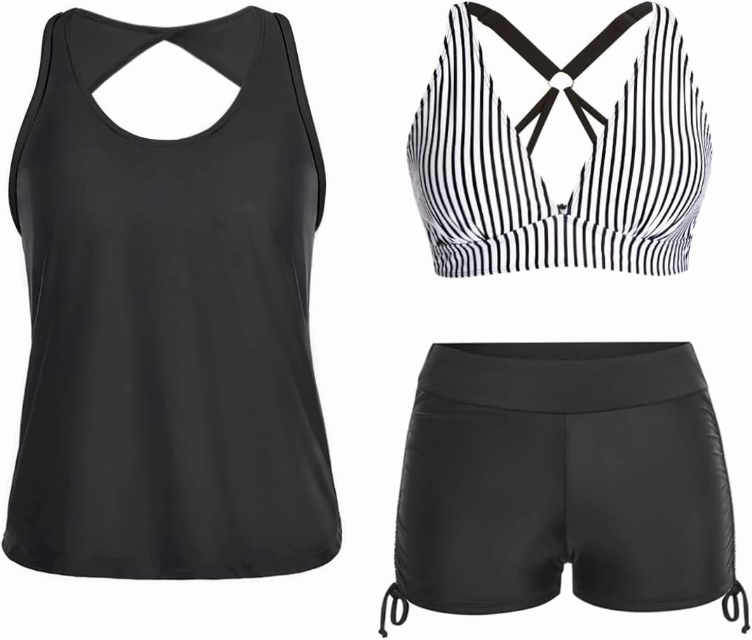Yonique 3 Piece Tankini Swimsuits for Women Swim Tank Top Bathing Suits with Boy Shorts and Bra Athletic Swimwear