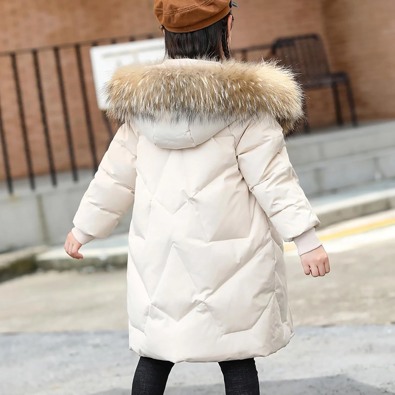 Youth Girls Long Heavyweight Puffer Jacket with Fur Hood Winter Coat Kids Thicken Padded Down Coat Snow Ski Jacket