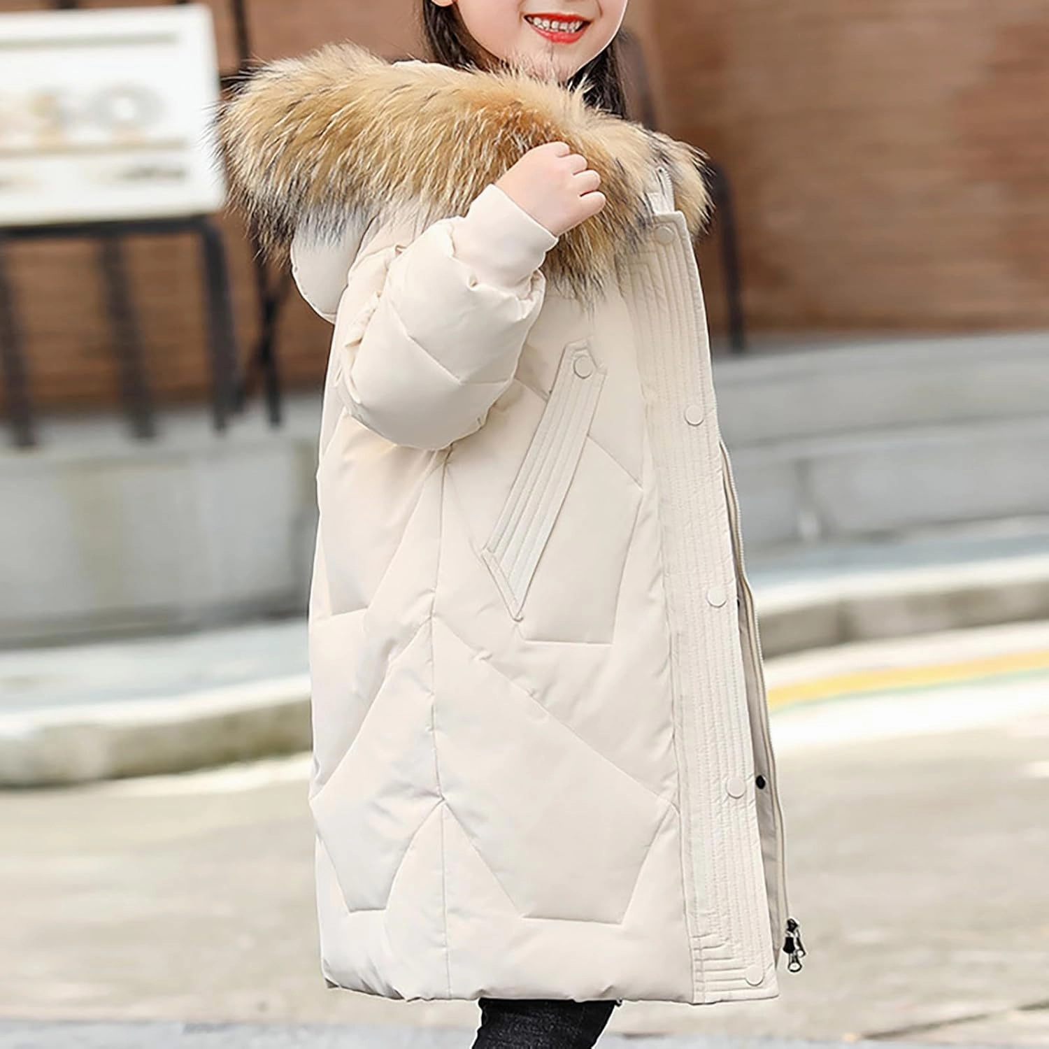 Youth Girls Long Heavyweight Puffer Jacket with Fur Hood Winter Coat Kids Thicken Padded Down Coat Snow Ski Jacket