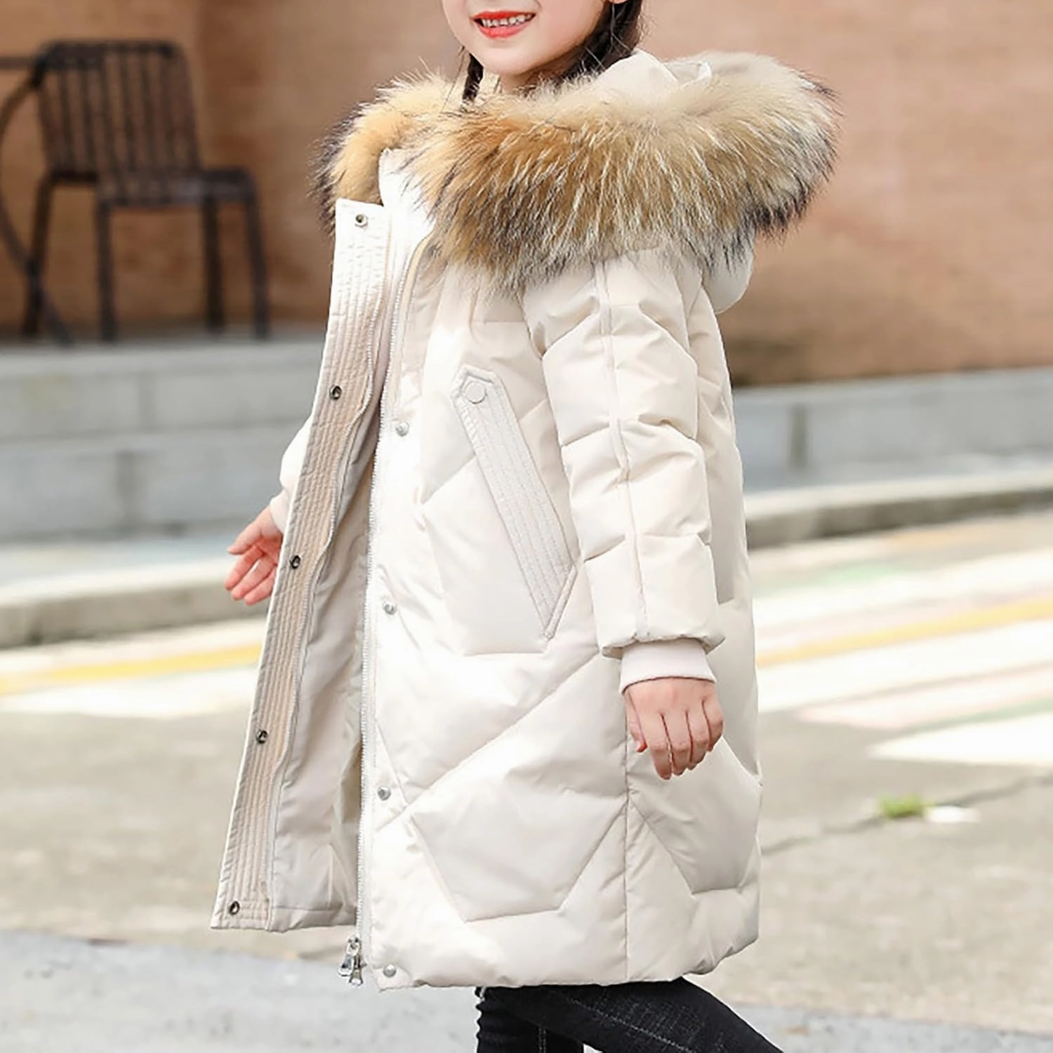 Youth Girls Long Heavyweight Puffer Jacket with Fur Hood Winter Coat Kids Thicken Padded Down Coat Snow Ski Jacket