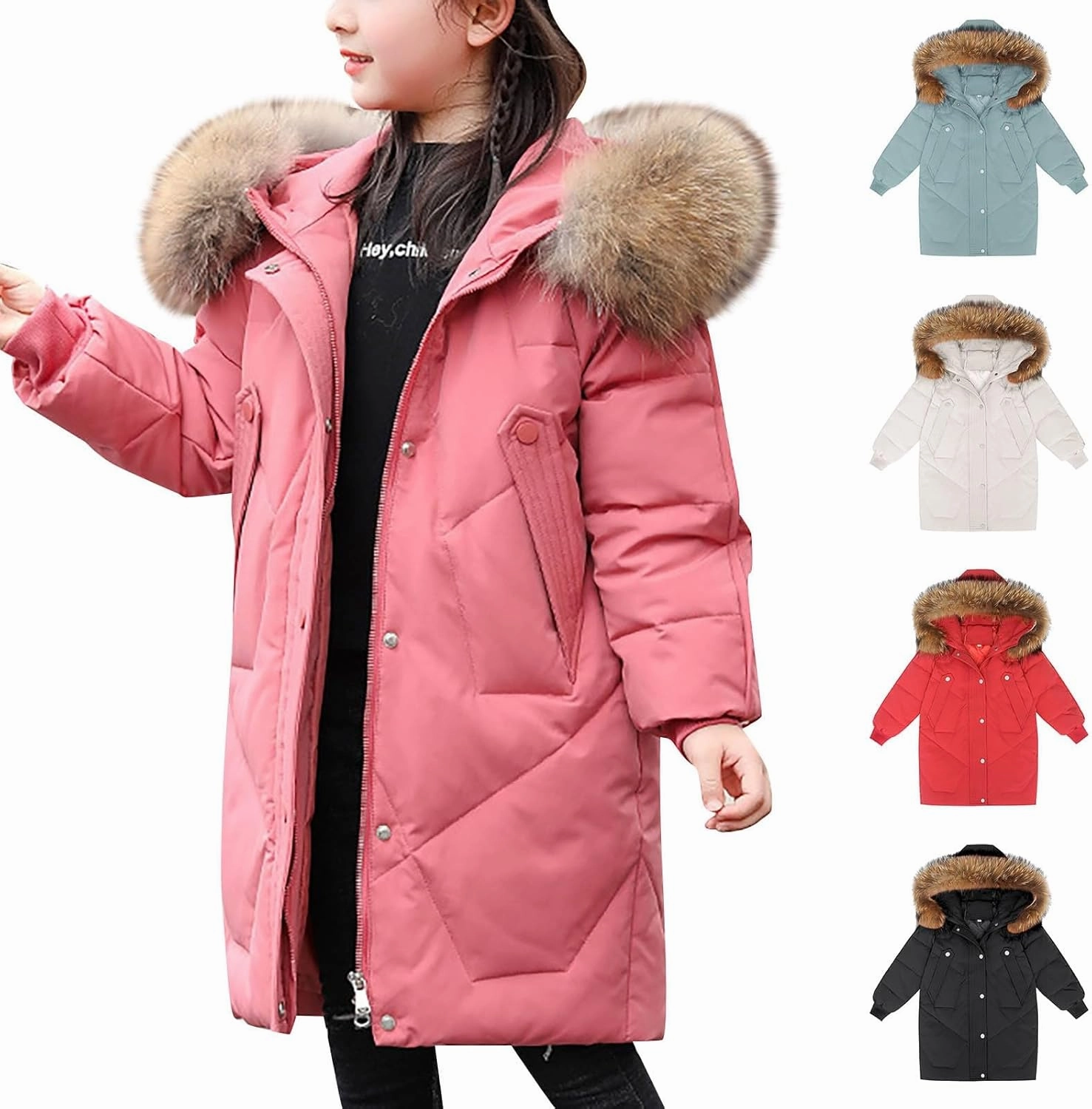 Youth Girls Long Heavyweight Puffer Jacket with Fur Hood Winter Coat Kids Thicken Padded Down Coat Snow Ski Jacket