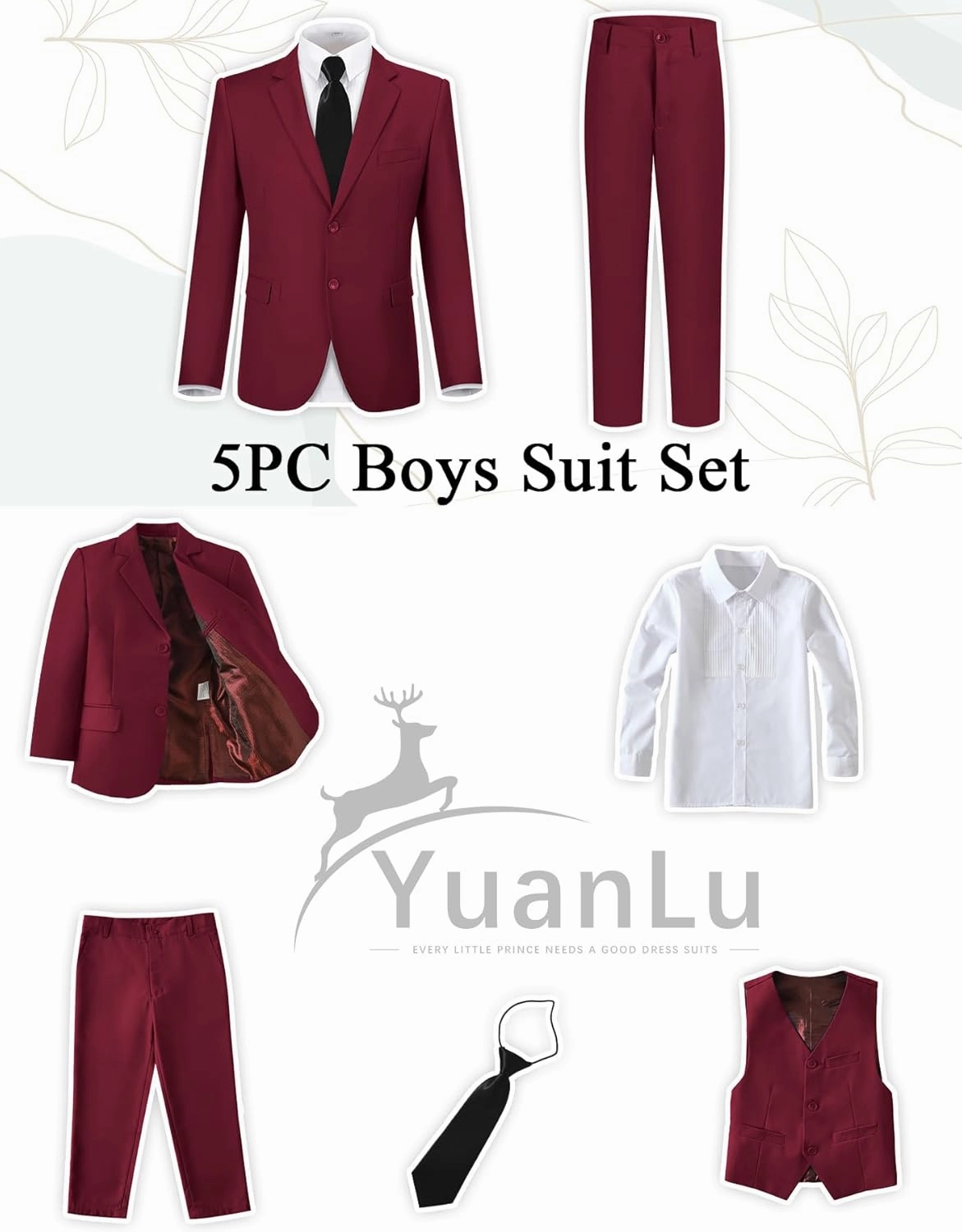 YuanLu Boys Suit for Kids Tuxedo Wedding Ring Bearer Outfit Boy Formal Suits 5 Piece Slim Fit Dresswear Suit Set
