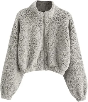 ZAFUL Women's Fluffy Jacket Hooded Shearling Cardigan Faux Fur Zip Up Fleece Cropped Sweatshirts Teddy Coat