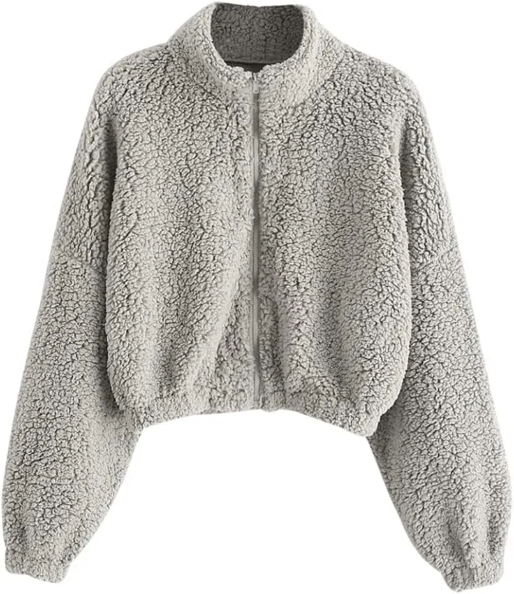 ZAFUL Women's Fluffy Jacket Hooded Shearling Cardigan Faux Fur Zip Up Fleece Cropped Sweatshirts Teddy Coat