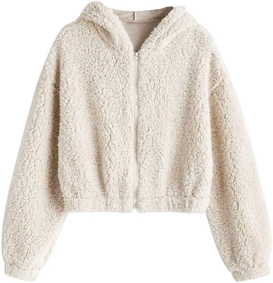 ZAFUL Women's Hooded Zip Up Faux Shearling Fluffy Teddy Jacket Coat