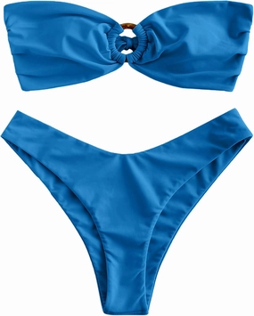 ZAFUL Women's Bandeau Bikini O Ring Strapless Tie Back High Cut Two Piece Swimsuit Bathing Suits