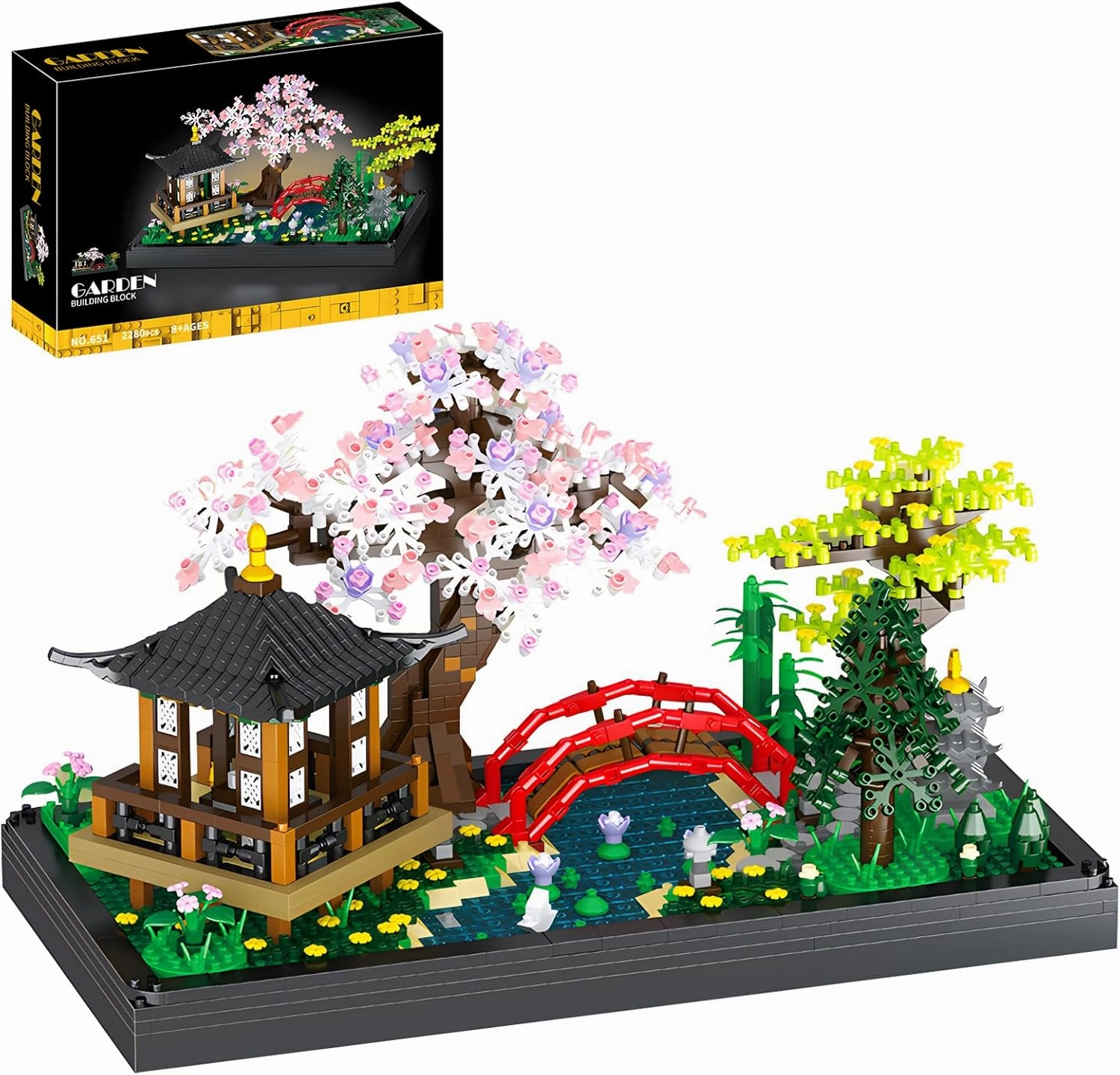 Zen Tranquil Garden Architectural Set, Cherry Blossom Bonsai Tree Miniature Building Block Set, Home and Office Decoration Set, Adult and Child (2280 Pieces)