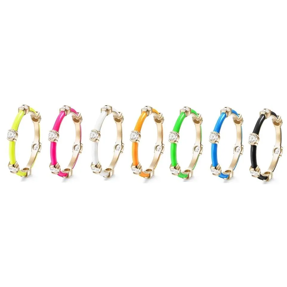 Zircon Enamel Stack Ring - Sterling Silver Plated with 18k Yellow Gold - 2mm Wide