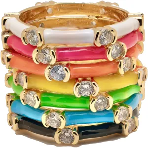 Zircon Enamel Stack Ring - Sterling Silver Plated with 18k Yellow Gold - 2mm Wide